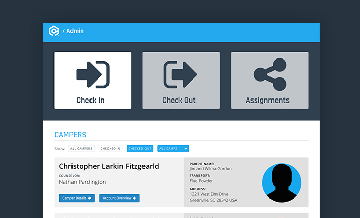 Detail of the Admin Dashboard showing check in buttons and camper card table